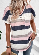 Striped Pocket Multi Color Short Sleeve T Shirt
