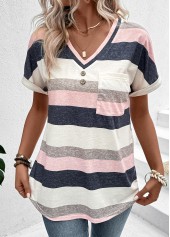 Striped Pocket Multi Color Short Sleeve T Shirt