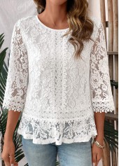 Patchwork White 3/4 Sleeve Round Neck T Shirt