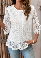 Patchwork White 3/4 Sleeve Round Neck T Shirt