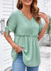 Lace Sage Green Short Sleeve V Neck Blouse
