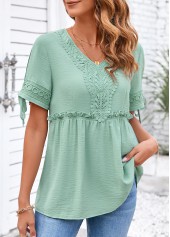 Lace Sage Green Short Sleeve V Neck Blouse