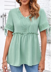 Lace Sage Green Short Sleeve V Neck Blouse