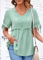 Lace Sage Green Short Sleeve V Neck Blouse