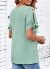 Lace Sage Green Short Sleeve V Neck Blouse