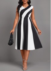 Patchwork Black Sleeveless V Neck Dress