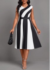 Patchwork Black Sleeveless V Neck Dress