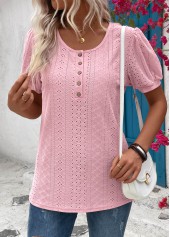 Button Pink Short Sleeve Round Neck T Shirt
