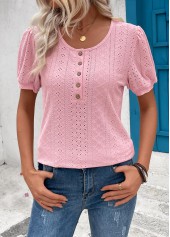 Button Pink Short Sleeve Round Neck T Shirt
