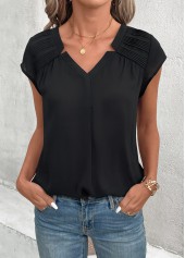 Patchwork Black Short Sleeve V Neck Blouse