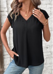 Patchwork Black Short Sleeve V Neck Blouse