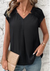 Patchwork Black Short Sleeve V Neck Blouse