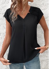 Patchwork Black Short Sleeve V Neck Blouse