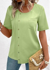 Button Light Green Short Sleeve Round Neck Blouse