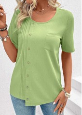 Button Light Green Short Sleeve Round Neck Blouse