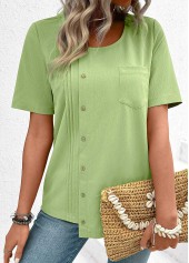 Button Light Green Short Sleeve Round Neck Blouse