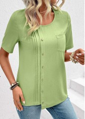 Button Light Green Short Sleeve Round Neck Blouse