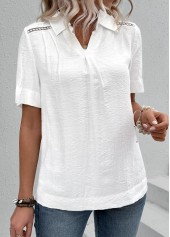 Lace White Short Sleeve Shirt Collar Blouse
