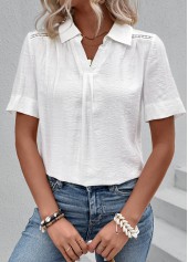 Lace White Short Sleeve Shirt Collar Blouse