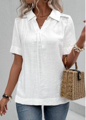 Lace White Short Sleeve Shirt Collar Blouse