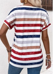 Striped Button Multi Color Short Sleeve T Shirt
