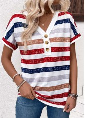 Striped Button Multi Color Short Sleeve T Shirt
