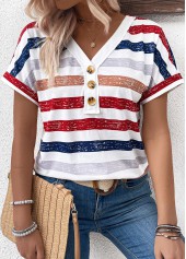 Striped Button Multi Color Short Sleeve T Shirt