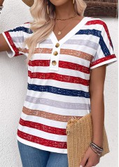 Striped Button Multi Color Short Sleeve T Shirt