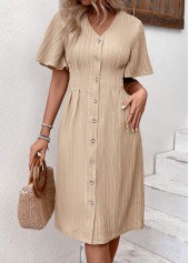 Textured Fabric Light Camel Short Sleeve V Neck Dress