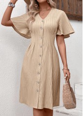 Textured Fabric Light Camel Short Sleeve V Neck Dress