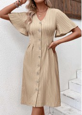 Textured Fabric Light Camel Short Sleeve V Neck Dress