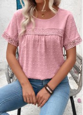 Patchwork Light Pink Short Sleeve Round Neck T Shirt