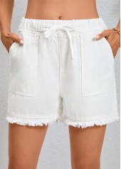 Double Side Pockets White Elastic Waist Shorts
