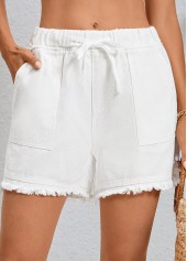 Double Side Pockets White Elastic Waist Shorts
