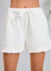 Double Side Pockets White Elastic Waist Shorts