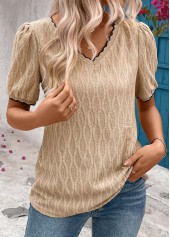 Patchwork Light Camel Short Sleeve V Neck T Shirt