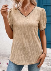 Patchwork Light Camel Short Sleeve V Neck T Shirt