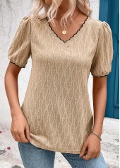 Patchwork Light Camel Short Sleeve V Neck T Shirt