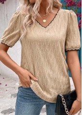 Patchwork Light Camel Short Sleeve V Neck T Shirt