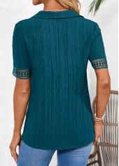 Lace Peacock Blue Short Sleeve Shirt Collar Blouse