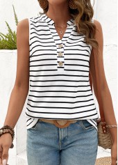 Striped Button White Split Neck Tank Top