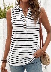 Striped Button White Split Neck Tank Top