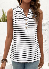 Striped Button White Split Neck Tank Top