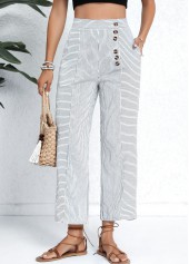 Striped Pocket White Button Fly High Waisted Pants