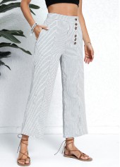 Striped Pocket White Button Fly High Waisted Pants