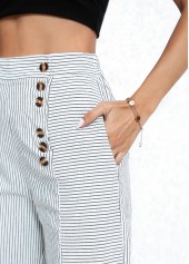 Striped Pocket White Button Fly High Waisted Pants