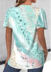 Ombre Ruched Mint Green Short Sleeve V Neck Blouse