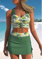 Floral Print Ruched Green Bikini Set