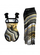 Tie Marble Print Black One Piece Swimwear