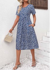 Ditsy Floral Print Pocket Navy Short Sleeve Dress